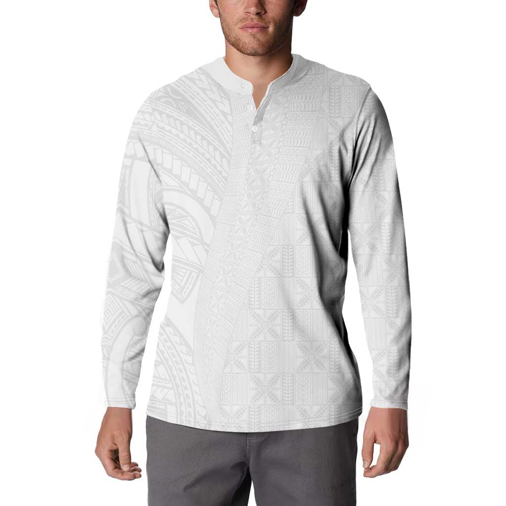 Niue White Sunday Button Sweatshirt Hiapo Tribal Art Tattoos - Polynesian Pride