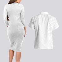 Niue White Sunday Couples Matching Long Sleeve Bodycon Dress and Hawaiian Shirt Hiapo Tribal Art Tattoos LT03 - Polynesian Pride