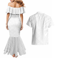 Niue White Sunday Couples Matching Mermaid Dress and Hawaiian Shirt Hiapo Tribal Art Tattoos LT03 - Polynesian Pride