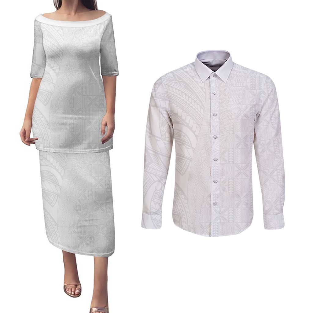 Niue White Sunday Couples Matching Puletasi and Long Sleeve Button Shirt Hiapo Tribal Art Tattoos LT03 White - Polynesian Pride