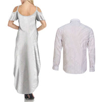 Niue White Sunday Couples Matching Summer Maxi Dress and Long Sleeve Button Shirt Hiapo Tribal Art Tattoos LT03 - Polynesian Pride