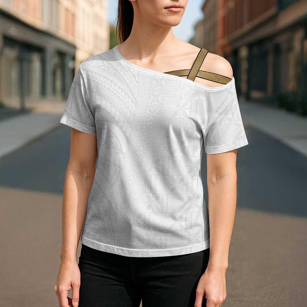 Niue White Sunday Cross Shoulder Shirt Hiapo Tribal Art Tattoos - Polynesian Pride