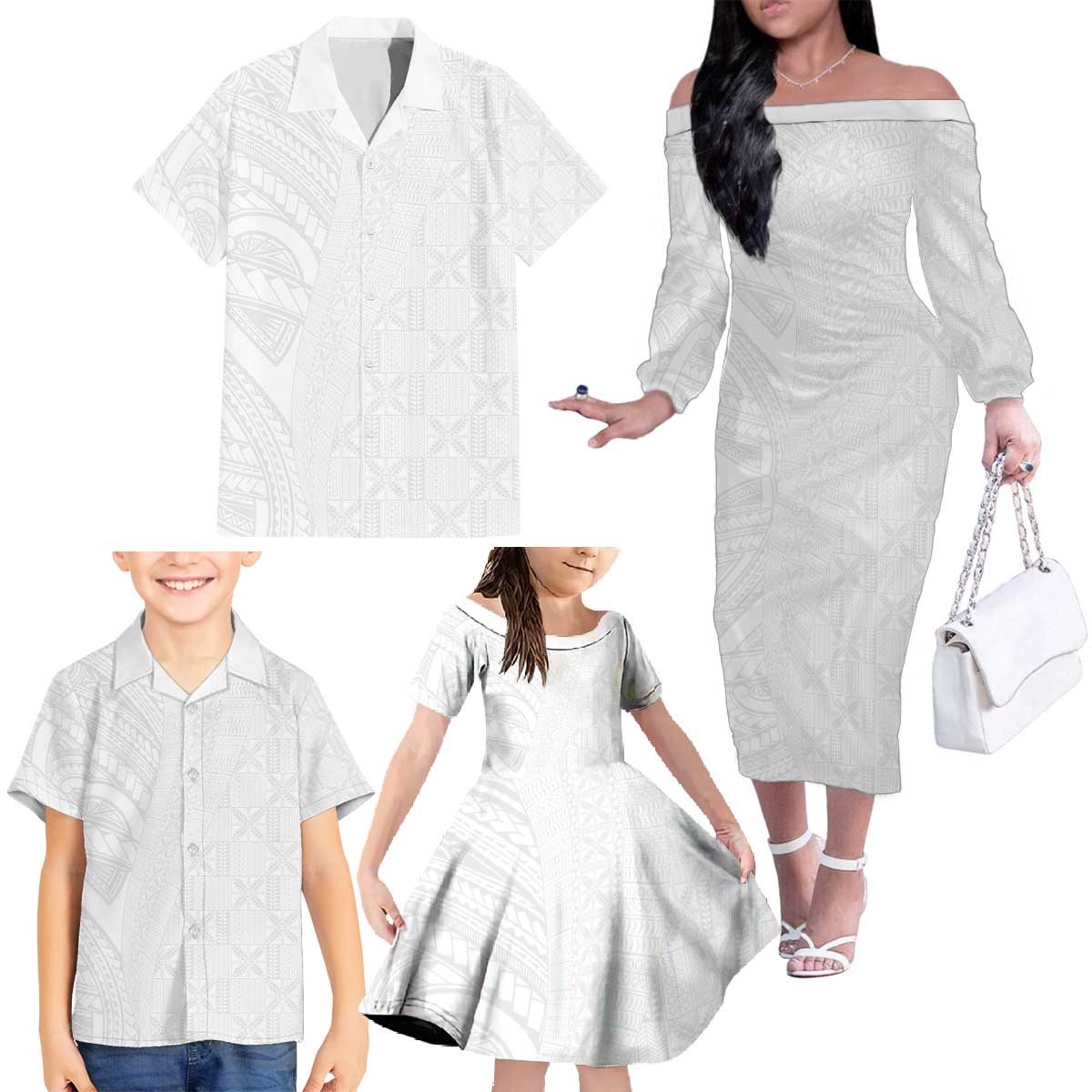 Niue White Sunday Family Matching Off The Shoulder Long Sleeve Dress and Hawaiian Shirt Hiapo Tribal Art Tattoos LT03 - Polynesian Pride