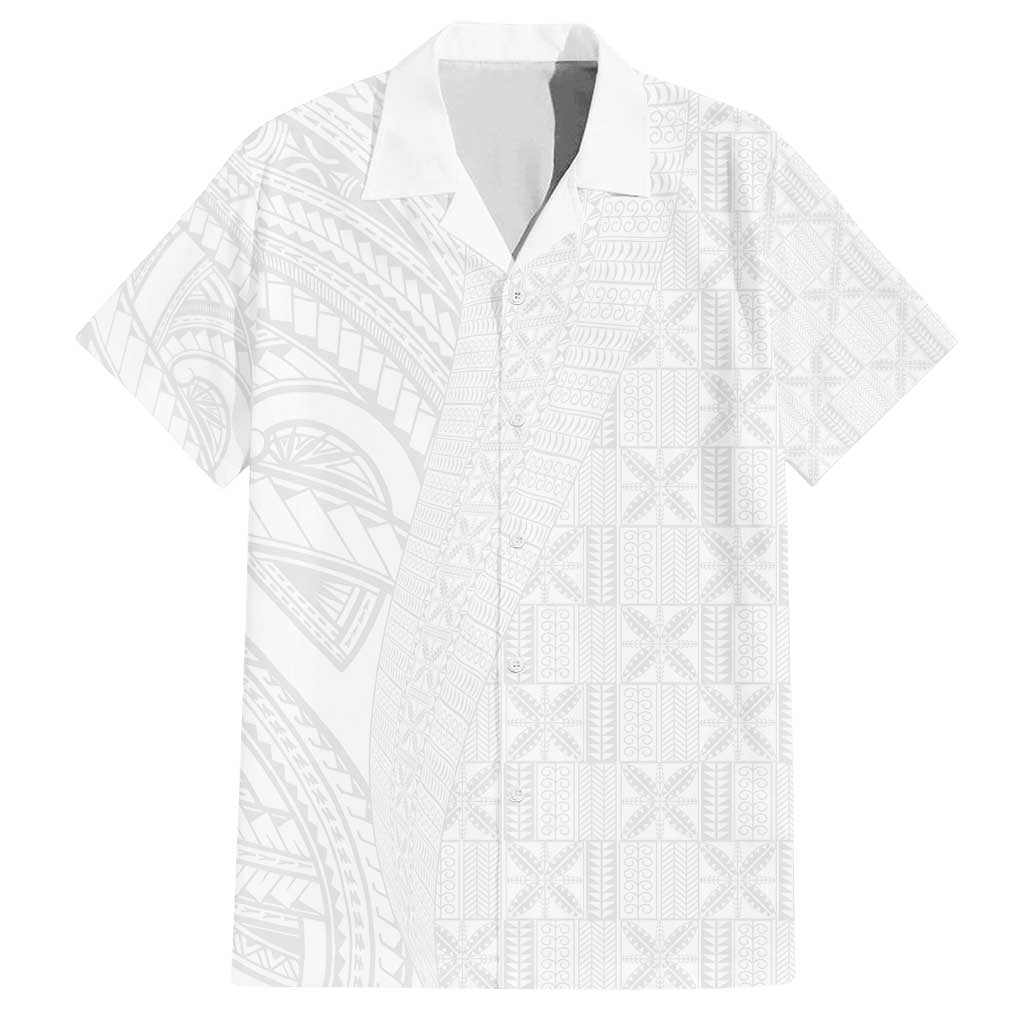 Niue White Sunday Family Matching Off Shoulder Short Dress and Hawaiian Shirt Hiapo Tribal Art Tattoos LT03 Dad's Shirt - Short Sleeve White - Polynesian Pride