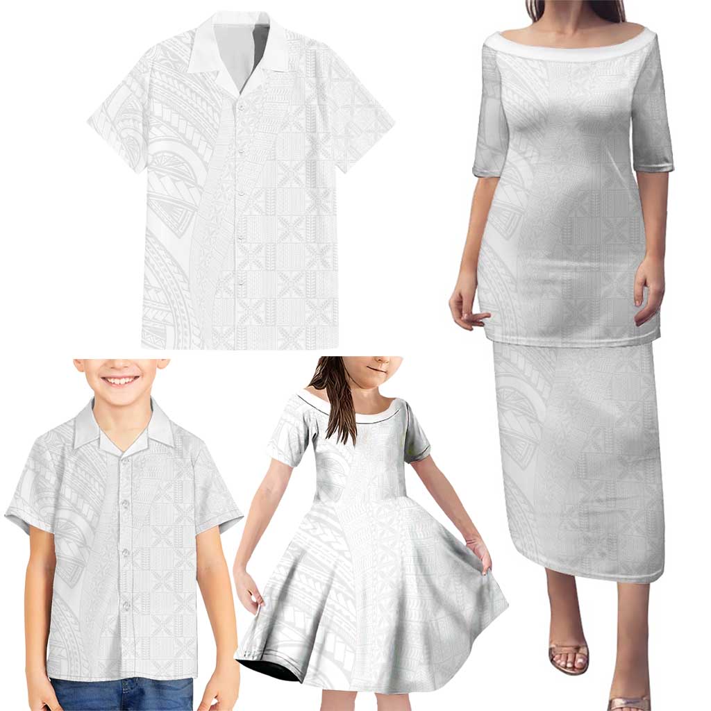 Niue White Sunday Family Matching Puletasi and Hawaiian Shirt Hiapo Tribal Art Tattoos - Polynesian Pride