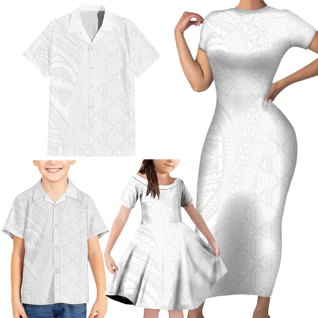 Niue White Sunday Family Matching Short Sleeve Bodycon Dress and Hawaiian Shirt Hiapo Tribal Art Tattoos LT03 - Polynesian Pride