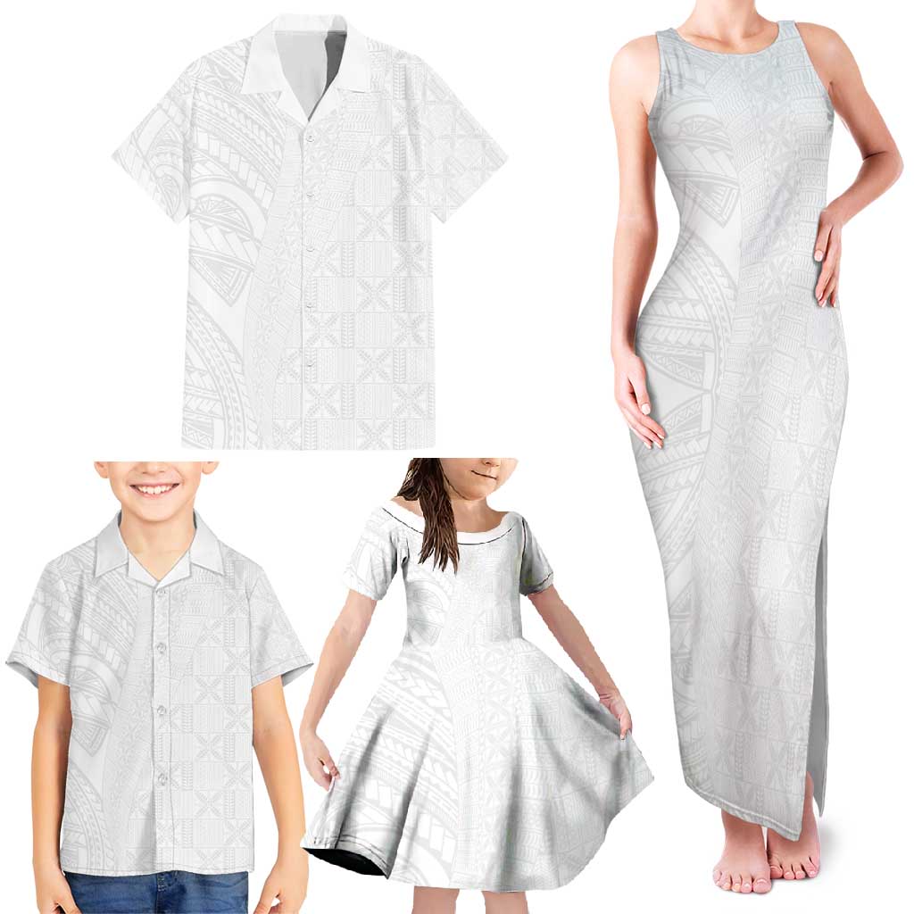 Niue White Sunday Family Matching Tank Maxi Dress and Hawaiian Shirt Hiapo Tribal Art Tattoos - Polynesian Pride