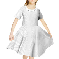 Niue White Sunday Kid Short Sleeve Dress Hiapo Tribal Art Tattoos LT03 - Polynesian Pride