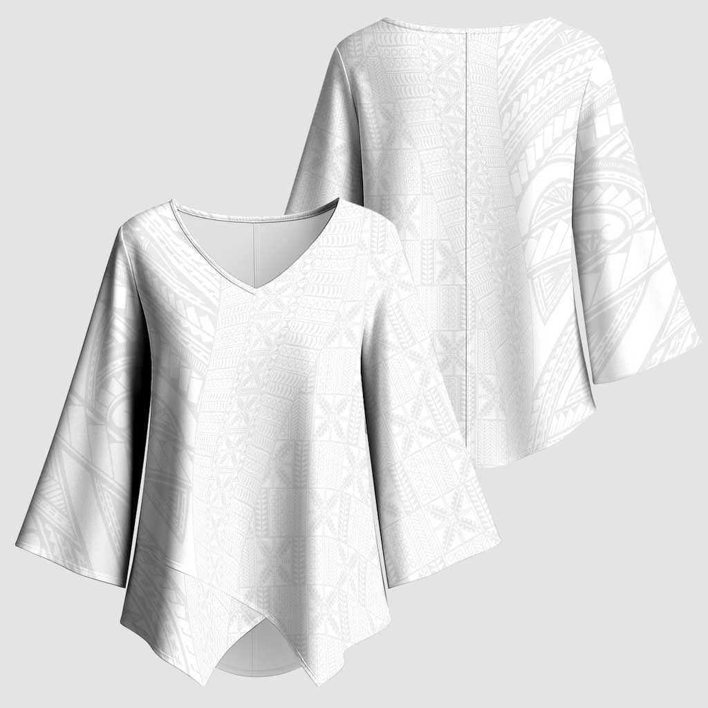 Niue White Sunday Kimono Sleeve Blouse Hiapo Tribal Art Tattoos - Polynesian Pride