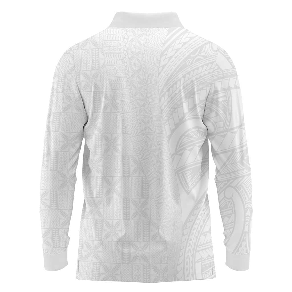 Niue White Sunday Long Sleeve Polo Shirt Hiapo Tribal Art Tattoos LT03 - Polynesian Pride