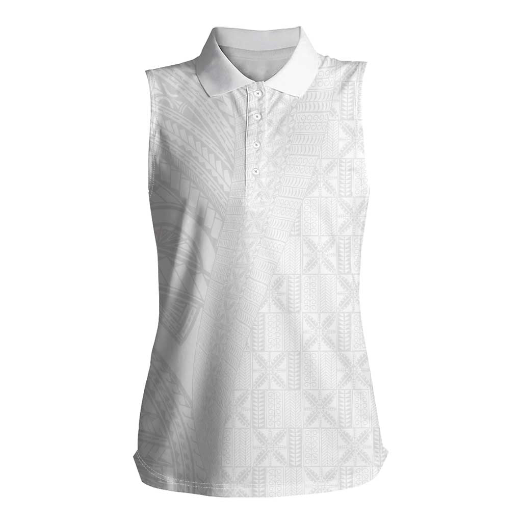 Niue White Sunday Women Sleeveless Polo Shirt Hiapo Tribal Art Tattoos LT03 Female White - Polynesian Pride
