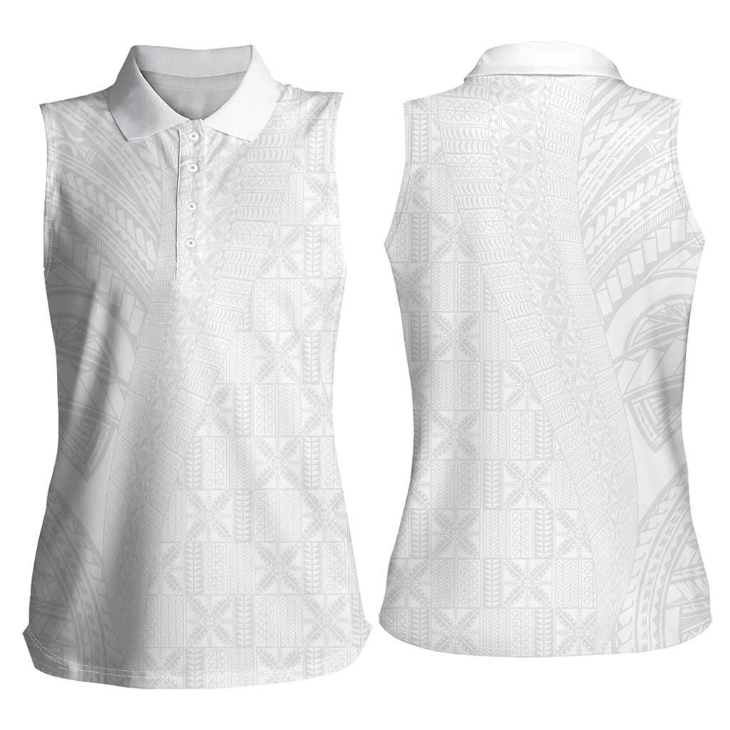 Niue White Sunday Women Sleeveless Polo Shirt Hiapo Tribal Art Tattoos LT03 - Polynesian Pride