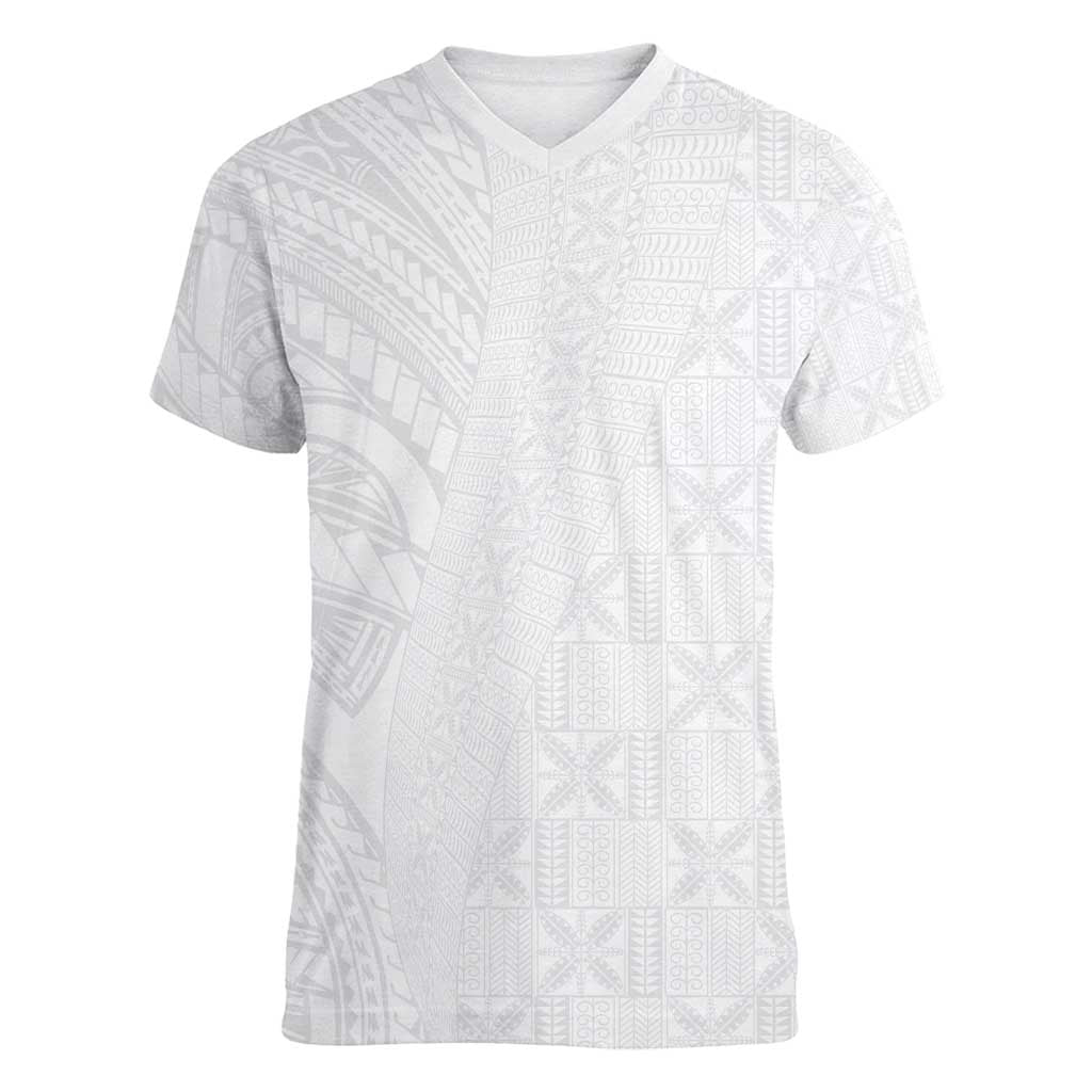 Niue White Sunday Women V-Neck T-Shirt Hiapo Tribal Art Tattoos LT03 Female White - Polynesian Pride