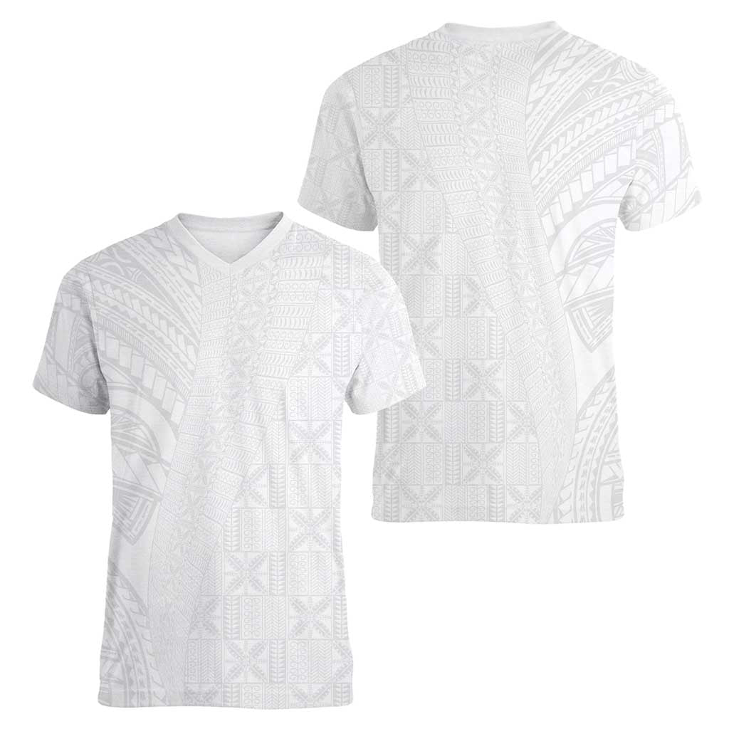 Niue White Sunday Women V-Neck T-Shirt Hiapo Tribal Art Tattoos LT03 - Polynesian Pride