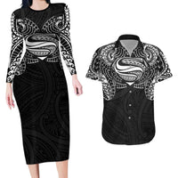 Super Samoan Traditional Tribal Art Tattoos Couples Matching Long Sleeve Bodycon Dress and Hawaiian Shirt Black Color LT03 Black - Polynesian Pride