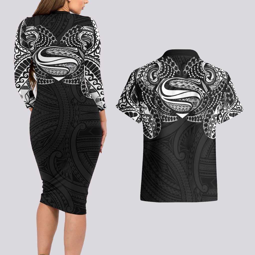 Super Samoan Traditional Tribal Art Tattoos Couples Matching Long Sleeve Bodycon Dress and Hawaiian Shirt Black Color LT03 - Polynesian Pride