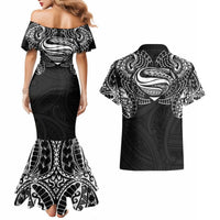 Super Samoan Traditional Tribal Art Tattoos Couples Matching Mermaid Dress and Hawaiian Shirt Black Color LT03 - Polynesian Pride