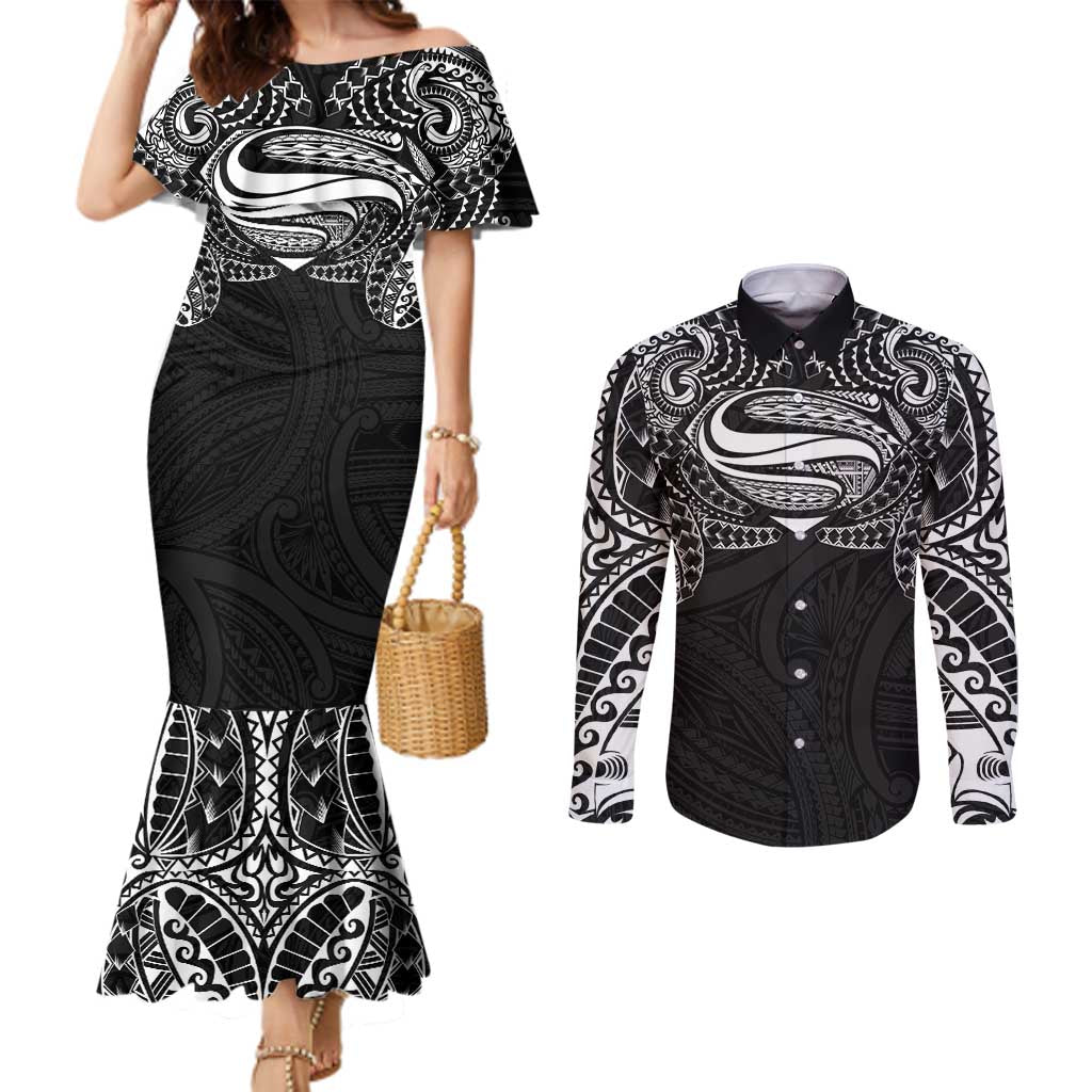 Super Samoan Traditional Tribal Art Tattoos Couples Matching Mermaid Dress and Long Sleeve Button Shirt Black Color LT03 Black - Polynesian Pride