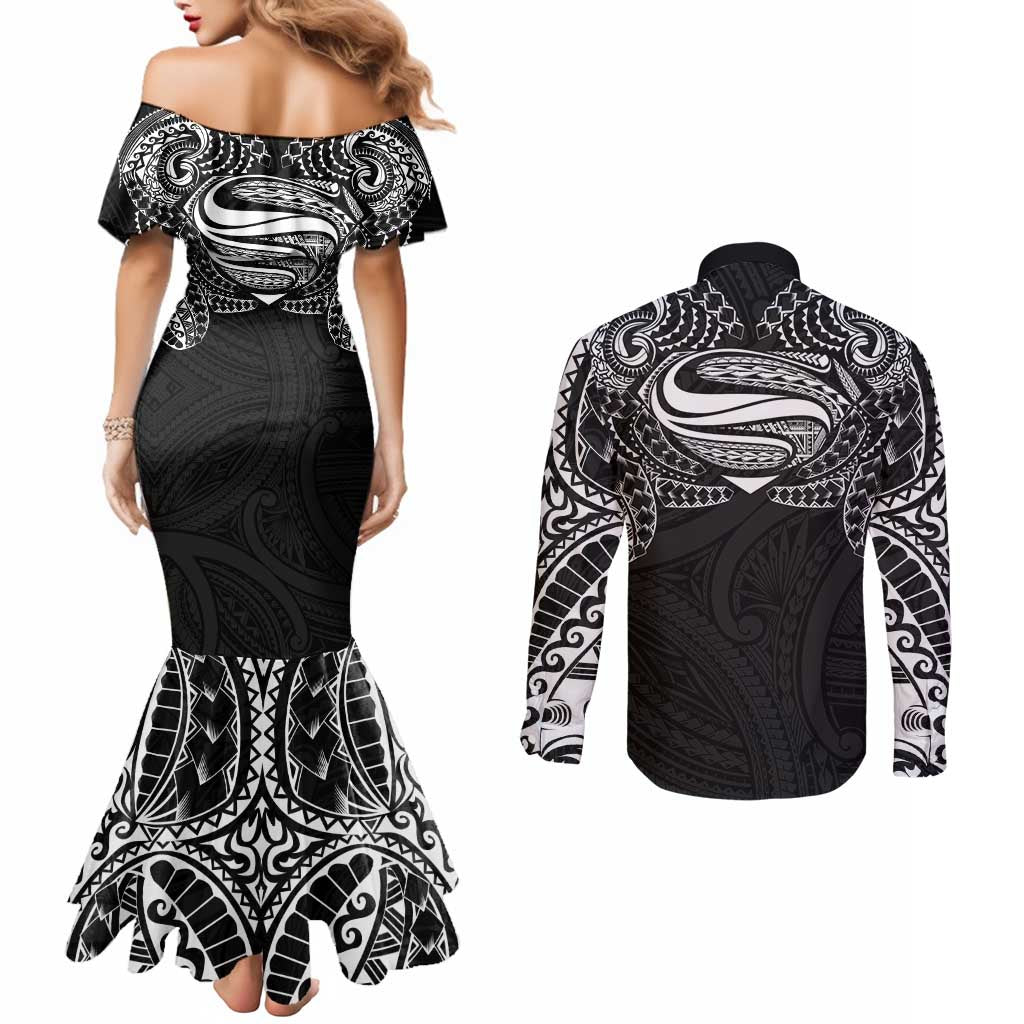 Super Samoan Traditional Tribal Art Tattoos Couples Matching Mermaid Dress and Long Sleeve Button Shirt Black Color LT03 - Polynesian Pride