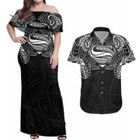 Super Samoan Traditional Tribal Art Tattoos Couples Matching Off Shoulder Maxi Dress and Hawaiian Shirt Black Color LT03 Black - Polynesian Pride
