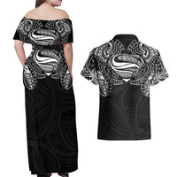 Super Samoan Traditional Tribal Art Tattoos Couples Matching Off Shoulder Maxi Dress and Hawaiian Shirt Black Color LT03 - Polynesian Pride