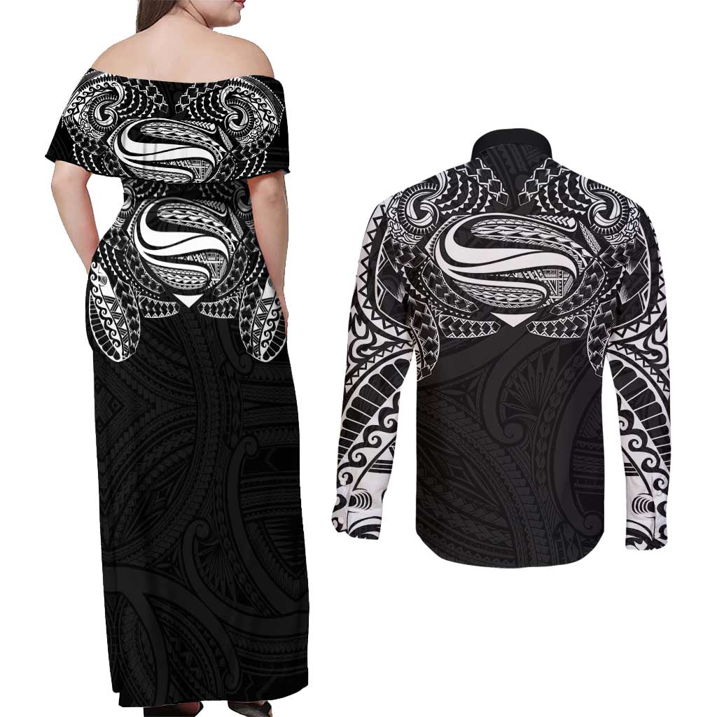 Super Samoan Traditional Tribal Art Tattoos Couples Matching Off Shoulder Maxi Dress and Long Sleeve Button Shirt Black Color LT03 - Polynesian Pride