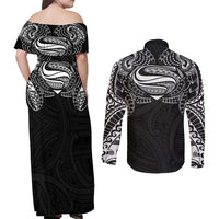Super Samoan Traditional Tribal Art Tattoos Couples Matching Off Shoulder Maxi Dress and Long Sleeve Button Shirt Black Color LT03 - Polynesian Pride