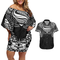 Super Samoan Traditional Tribal Art Tattoos Couples Matching Off Shoulder Short Dress and Hawaiian Shirt Black Color LT03 Black - Polynesian Pride