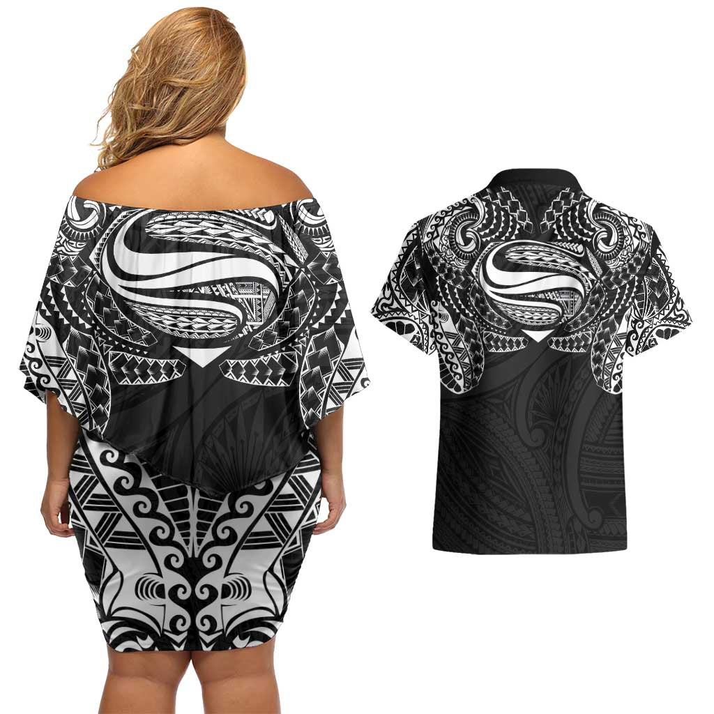 Super Samoan Traditional Tribal Art Tattoos Couples Matching Off Shoulder Short Dress and Hawaiian Shirt Black Color LT03 - Polynesian Pride