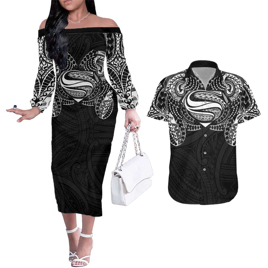 Super Samoan Traditional Tribal Art Tattoos Couples Matching Off The Shoulder Long Sleeve Dress and Hawaiian Shirt Black Color LT03 Black - Polynesian Pride