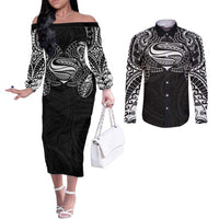 Super Samoan Traditional Tribal Art Tattoos Couples Matching Off The Shoulder Long Sleeve Dress and Long Sleeve Button Shirt Black Color LT03 Black - Polynesian Pride
