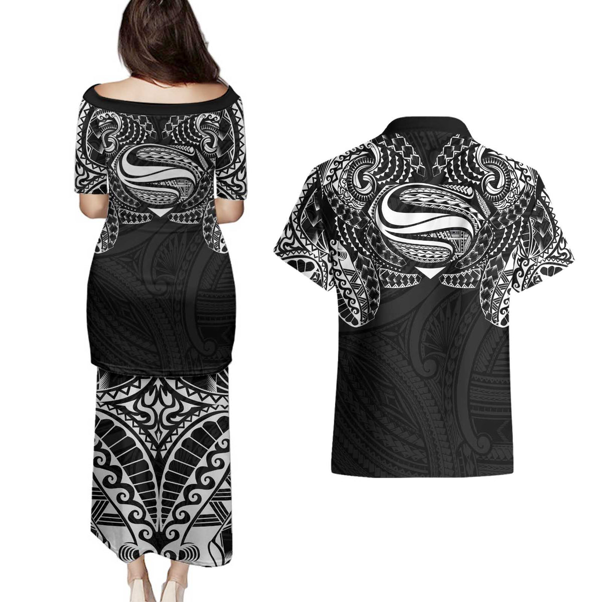 Super Samoan Traditional Tribal Art Tattoos Couples Matching Puletasi and Hawaiian Shirt Black Color LT03 - Polynesian Pride