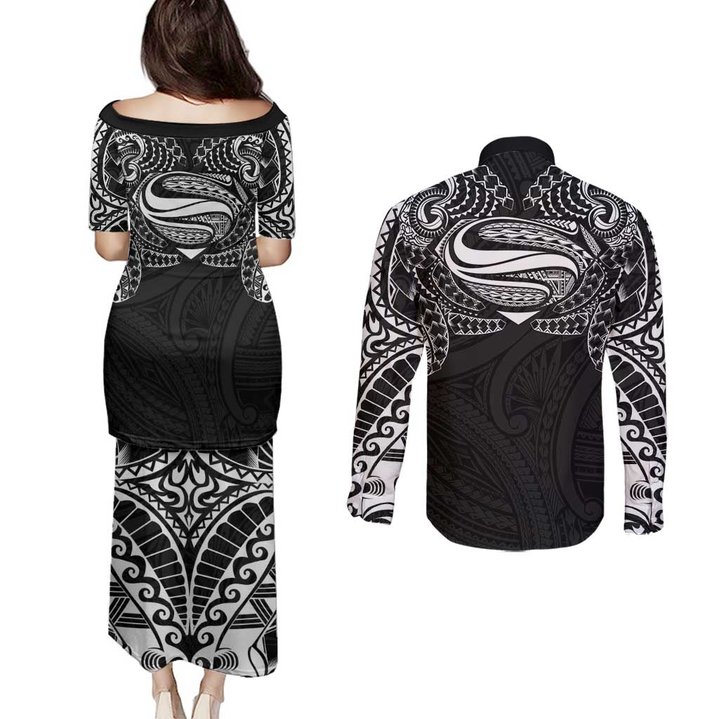 Super Samoan Traditional Tribal Art Tattoos Couples Matching Puletasi and Long Sleeve Button Shirt Black Color LT03 - Polynesian Pride