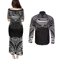 Super Samoan Traditional Tribal Art Tattoos Couples Matching Puletasi and Long Sleeve Button Shirt Black Color LT03 - Polynesian Pride