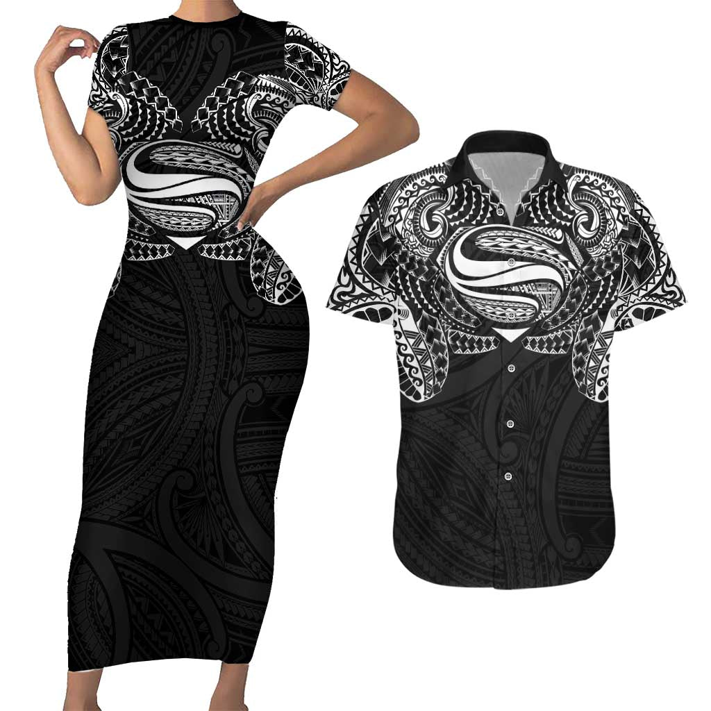 Super Samoan Traditional Tribal Art Tattoos Couples Matching Short Sleeve Bodycon Dress and Hawaiian Shirt Black Color LT03 Black - Polynesian Pride