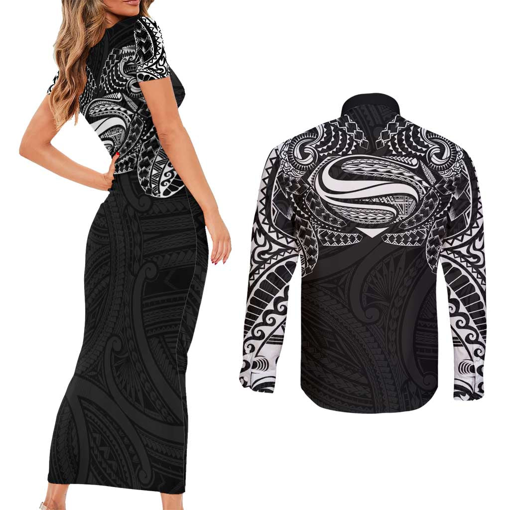 Super Samoan Traditional Tribal Art Tattoos Couples Matching Short Sleeve Bodycon Dress and Long Sleeve Button Shirt Black Color LT03 - Polynesian Pride