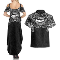 Super Samoan Traditional Tribal Art Tattoos Couples Matching Summer Maxi Dress and Hawaiian Shirt Black Color LT03 - Polynesian Pride