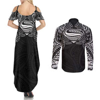 Super Samoan Traditional Tribal Art Tattoos Couples Matching Summer Maxi Dress and Long Sleeve Button Shirt Black Color LT03 - Polynesian Pride