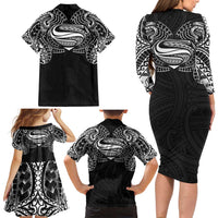 Super Samoan Traditional Tribal Art Tattoos Family Matching Long Sleeve Bodycon Dress and Hawaiian Shirt Black Color LT03 - Polynesian Pride