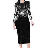 Super Samoan Traditional Tribal Art Tattoos Family Matching Long Sleeve Bodycon Dress and Hawaiian Shirt Black Color LT03 Mom's Dress Black - Polynesian Pride