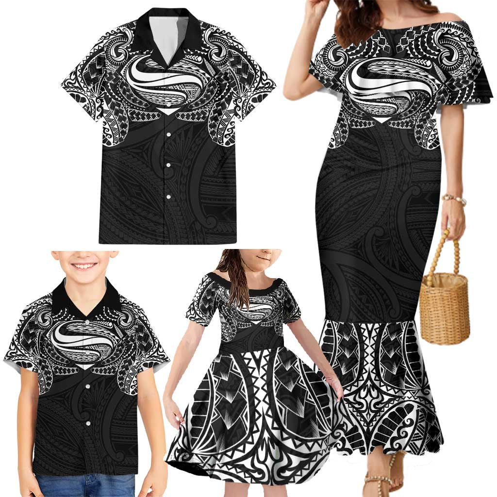 Super Samoan Traditional Tribal Art Tattoos Family Matching Mermaid Dress and Hawaiian Shirt Black Color LT03 - Polynesian Pride