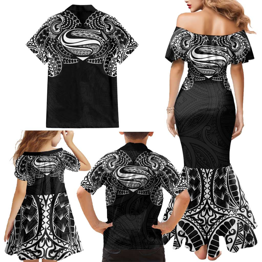 Super Samoan Traditional Tribal Art Tattoos Family Matching Mermaid Dress and Hawaiian Shirt Black Color LT03 - Polynesian Pride