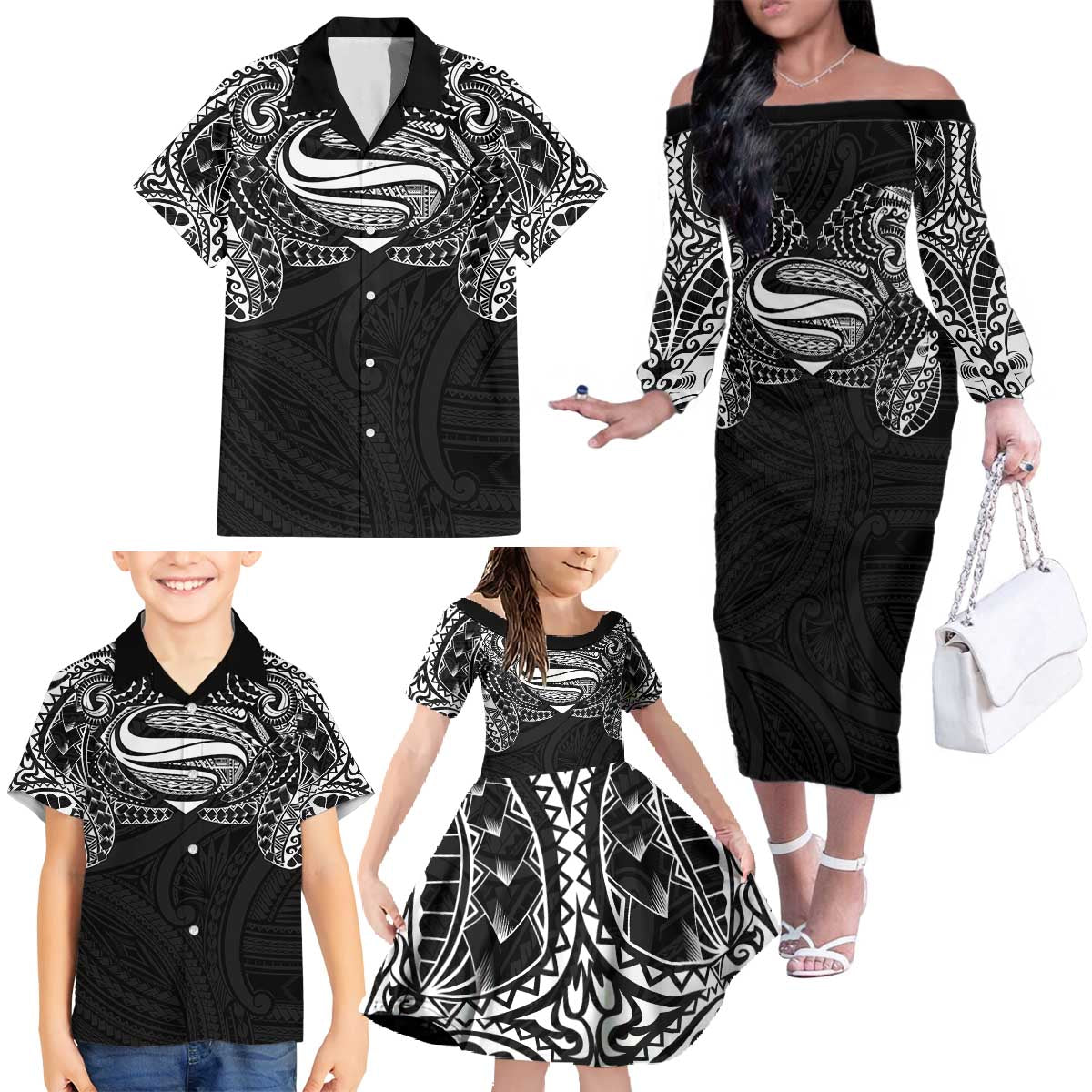 Super Samoan Traditional Tribal Art Tattoos Family Matching Off The Shoulder Long Sleeve Dress and Hawaiian Shirt Black Color LT03 - Polynesian Pride