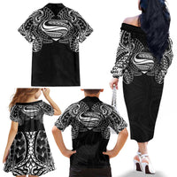 Super Samoan Traditional Tribal Art Tattoos Family Matching Off The Shoulder Long Sleeve Dress and Hawaiian Shirt Black Color LT03 - Polynesian Pride
