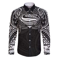Super Samoan Traditional Tribal Art Tattoos Family Matching Off The Shoulder Long Sleeve Dress and Hawaiian Shirt Black Color LT03 Dad's Shirt - Long Sleeve Black - Polynesian Pride