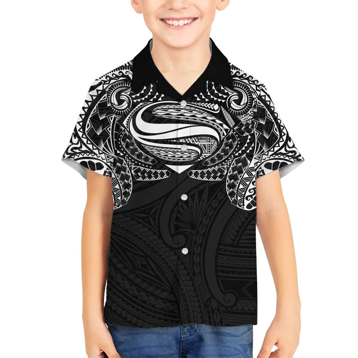 Super Samoan Traditional Tribal Art Tattoos Family Matching Off The Shoulder Long Sleeve Dress and Hawaiian Shirt Black Color LT03 Son's Shirt Black - Polynesian Pride