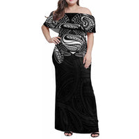 Super Samoan Traditional Tribal Art Tattoos Family Matching Off Shoulder Maxi Dress and Hawaiian Shirt Black Color LT03 Mom's Dress Black - Polynesian Pride