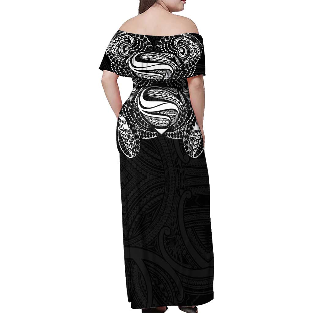 Super Samoan Traditional Tribal Art Tattoos Family Matching Off Shoulder Maxi Dress and Hawaiian Shirt Black Color LT03 - Polynesian Pride