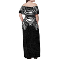 Super Samoan Traditional Tribal Art Tattoos Family Matching Off Shoulder Maxi Dress and Hawaiian Shirt Black Color LT03 - Polynesian Pride