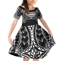 Super Samoan Traditional Tribal Art Tattoos Family Matching Off Shoulder Short Dress and Hawaiian Shirt Black Color LT03 Daughter's Dress Black - Polynesian Pride